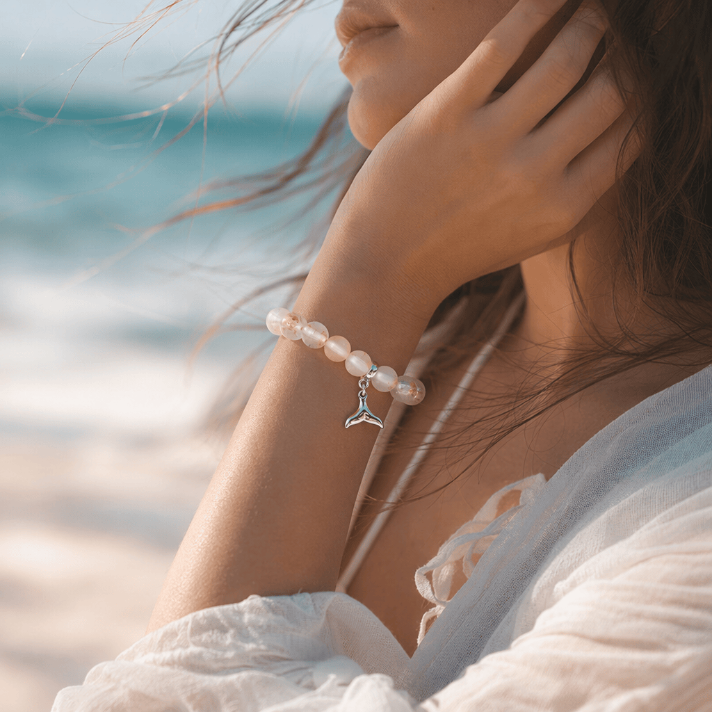 Supporting Ocean Cleanup Whale Tail Rescue Bracelet – Recycled 8mm Frosted Gold-Speckled Glass Beads - image 1
