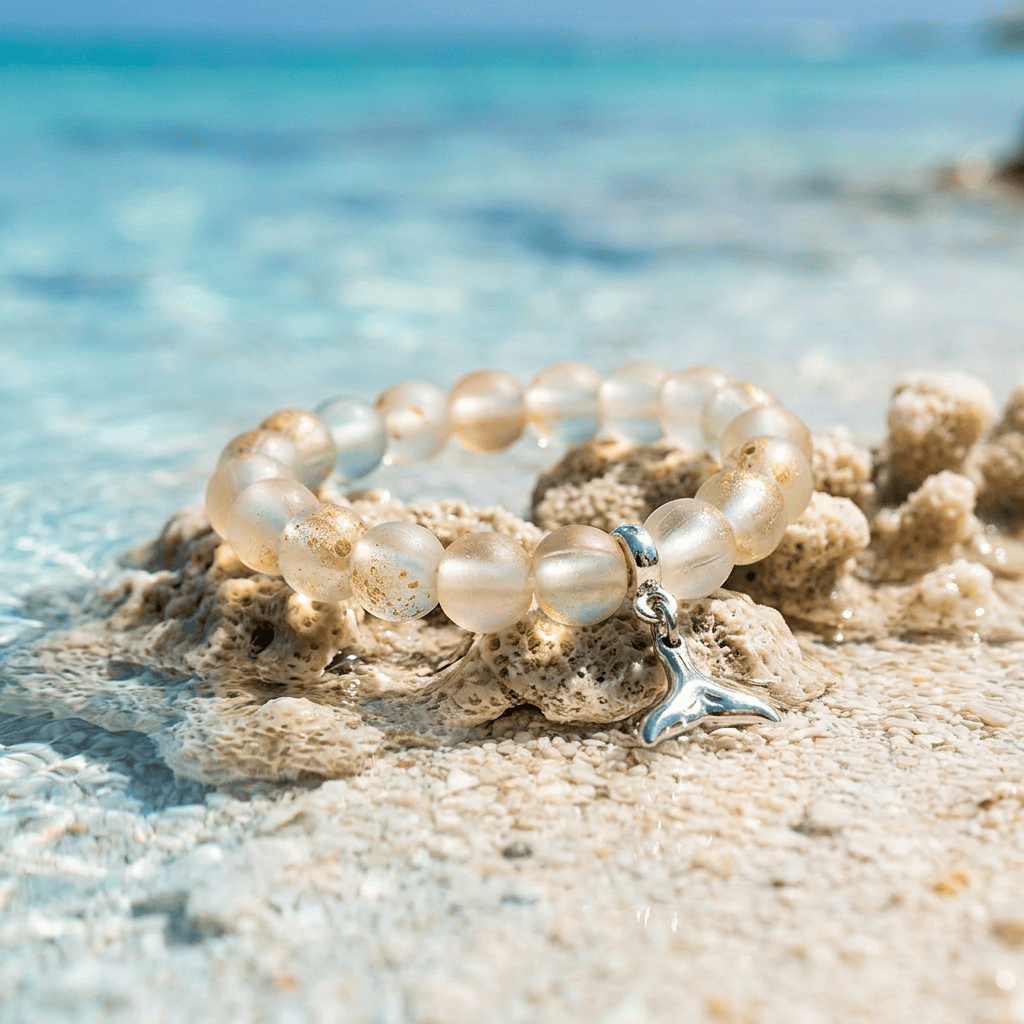 Supporting Ocean Cleanup Whale Tail Rescue Bracelet – Recycled 8mm Frosted Gold-Speckled Glass Beads - image 5