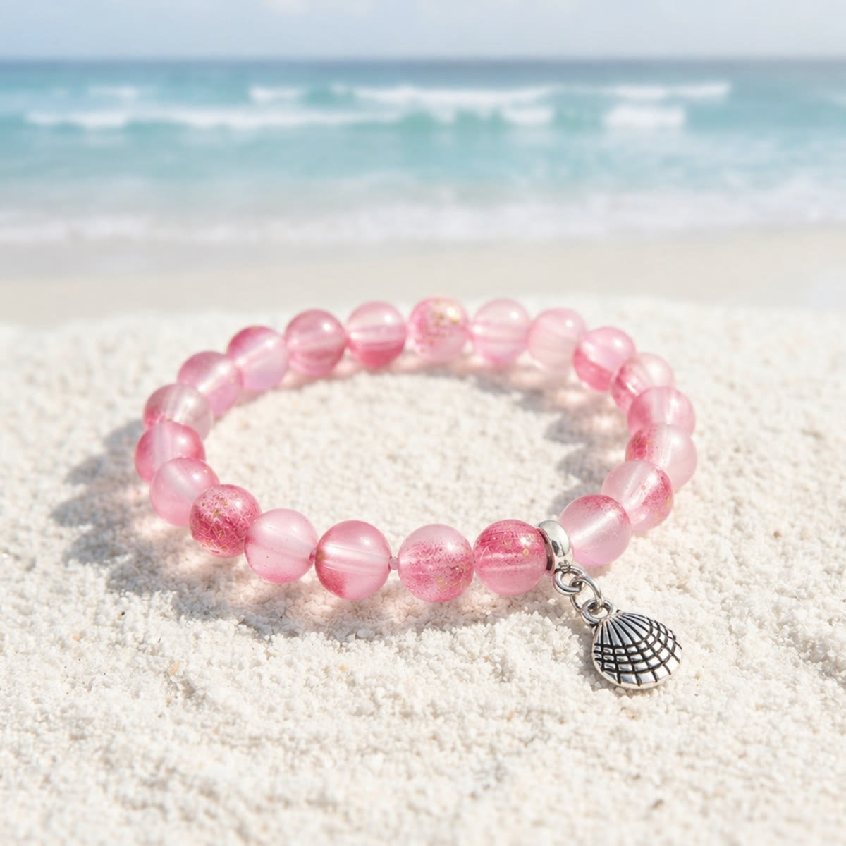 Protect Ocean Life Shell Pendant Rescue Bracelet – Recycled 8mm Frosted Gold-Speckled Glass Beads - Red - Approx. 6.93"/17.6cm - image 10