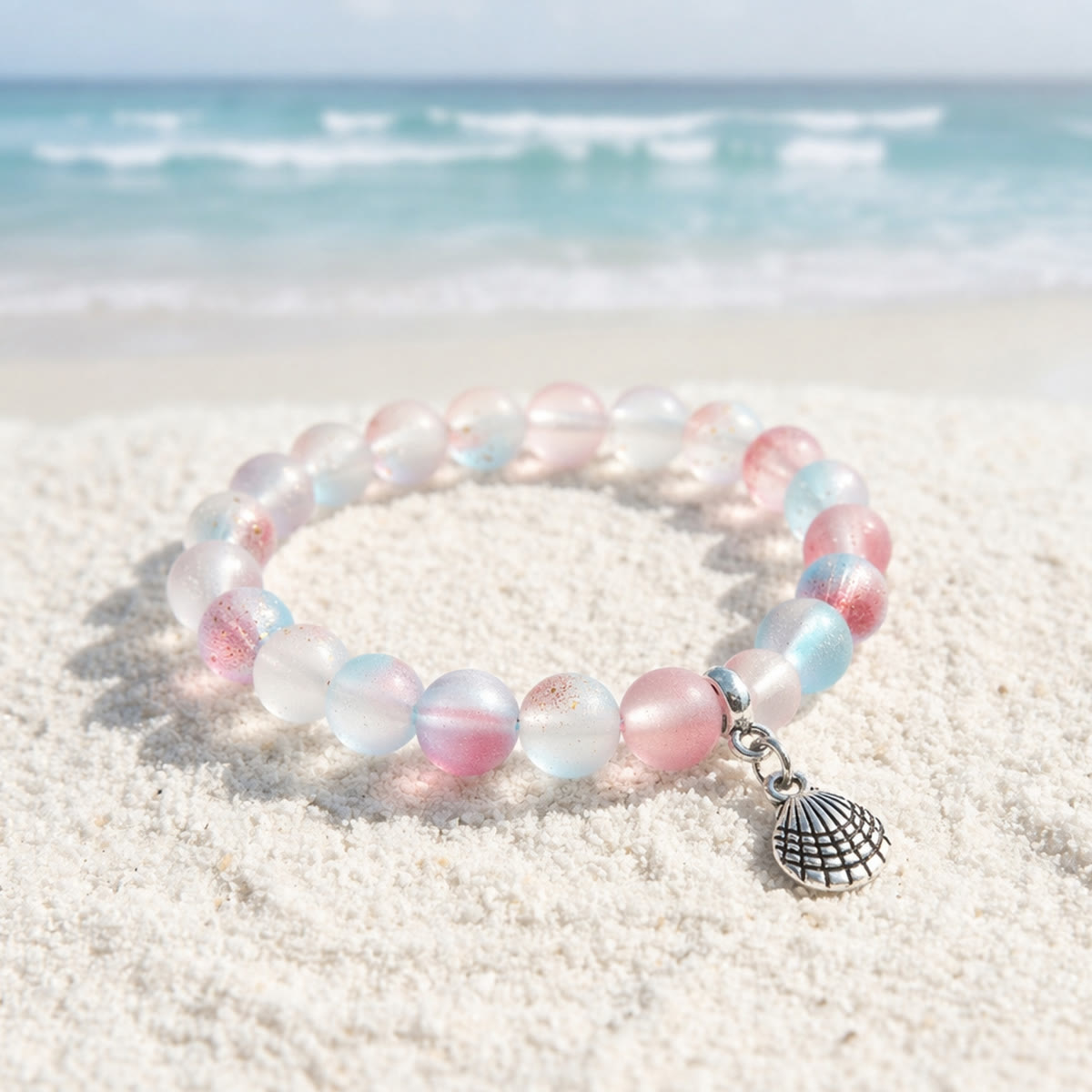 Protect Ocean Life Shell Pendant Rescue Bracelet – Recycled 8mm Frosted Gold-Speckled Glass Beads - Red Blue - Approx. 6.93"/17.6cm - image 14