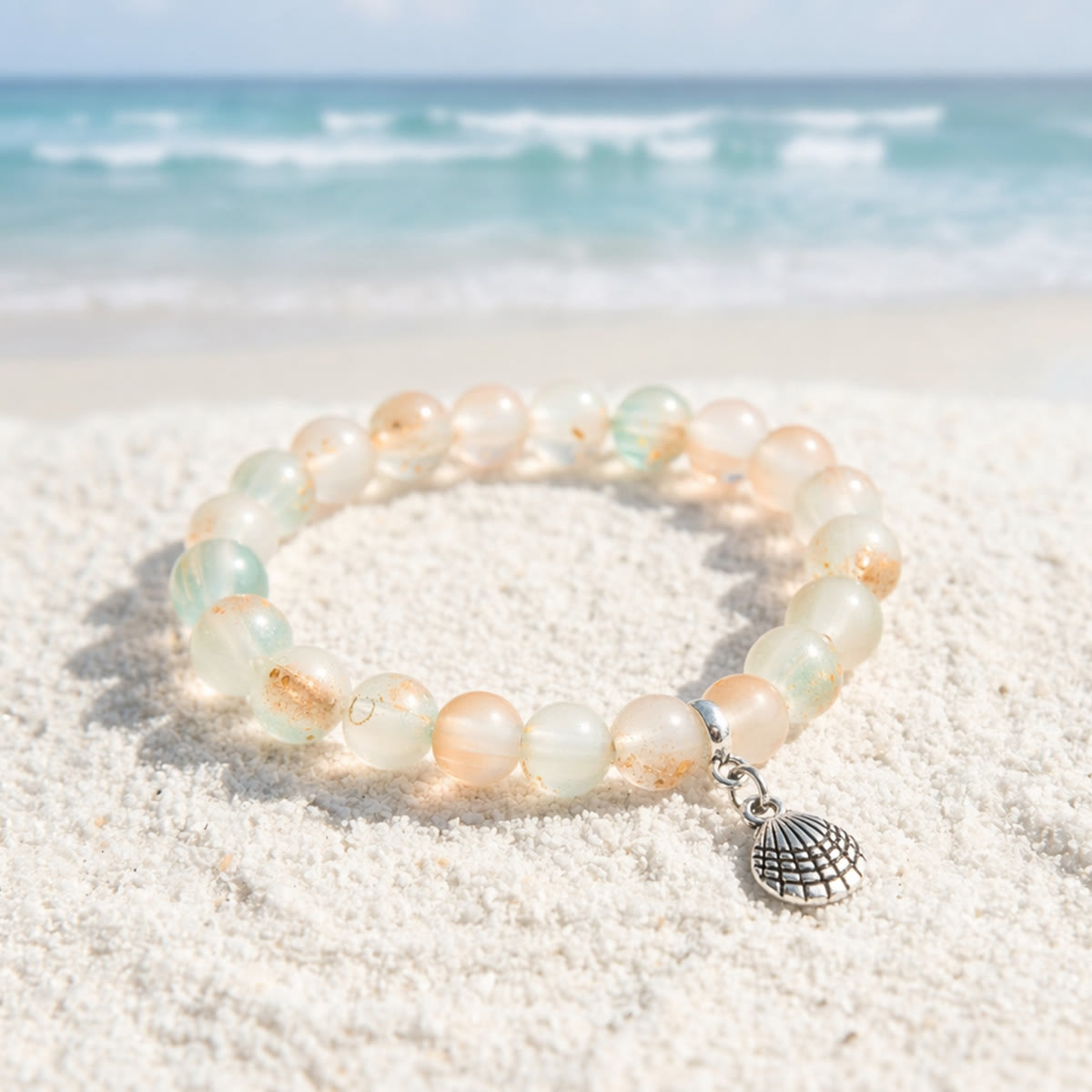 Protect Ocean Life Shell Pendant Rescue Bracelet – Recycled 8mm Frosted Gold-Speckled Glass Beads - Orange Blue - Approx. 6.93"/17.6cm - image 8