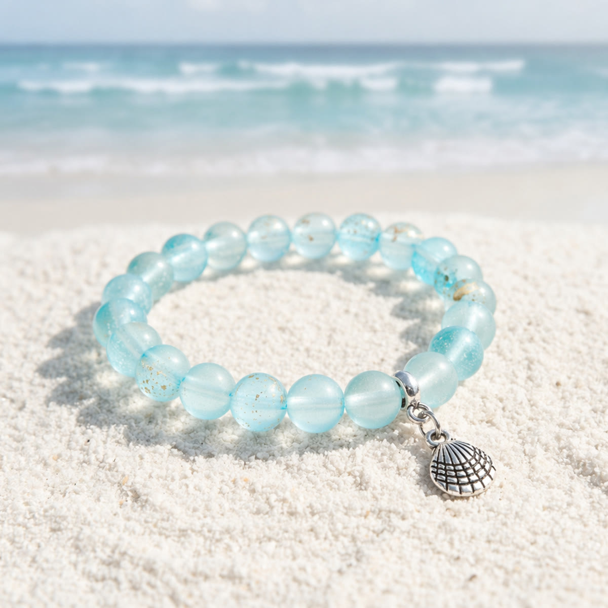 Protect Ocean Life Shell Pendant Rescue Bracelet – Recycled 8mm Frosted Gold-Speckled Glass Beads - Blue - Approx. 6.93"/17.6cm - image 12