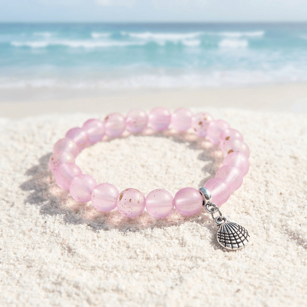 Protect Ocean Life Shell Pendant Rescue Bracelet – Recycled 8mm Frosted Gold-Speckled Glass Beads - Light Purple - Approx. 6.93"/17.6cm - image 2