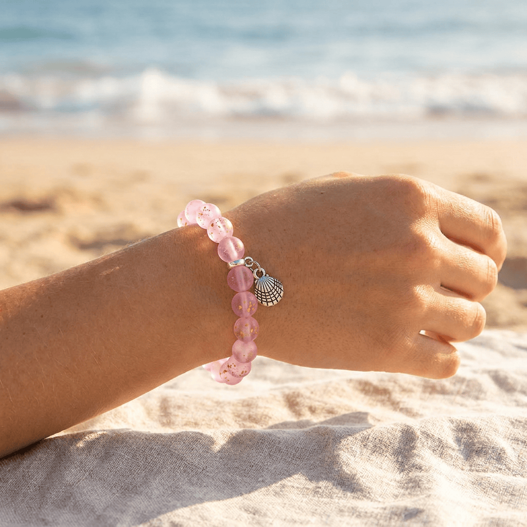 Protect Ocean Life Shell Pendant Rescue Bracelet – Recycled 8mm Frosted Gold-Speckled Glass Beads - image 1