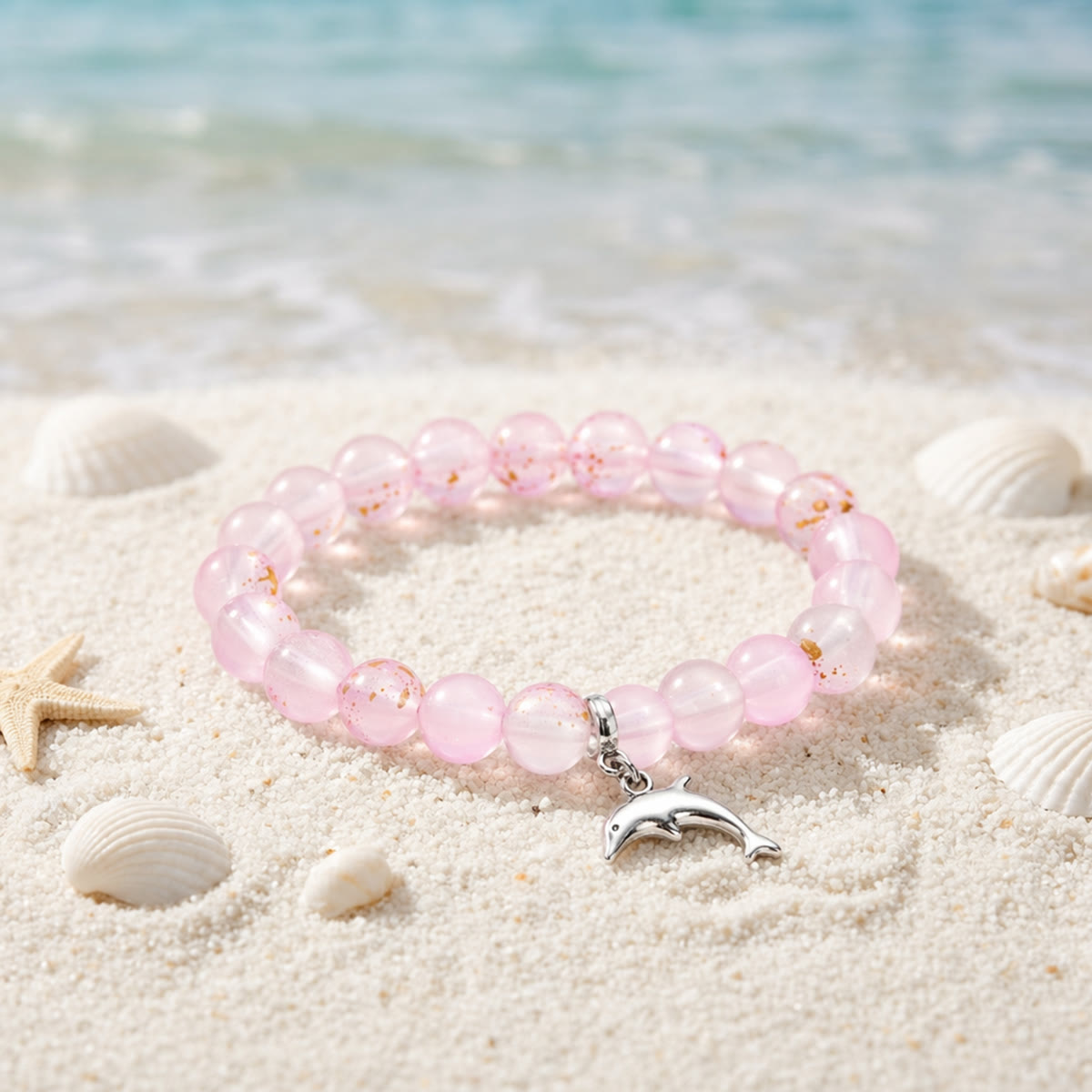Protect Dolphins & Marine Life Rescue Bracelet – Recycled 8mm Frosted Gold-Speckled Glass Beads - Light Purple - Approx. 6.93"/17.6cm - image 8