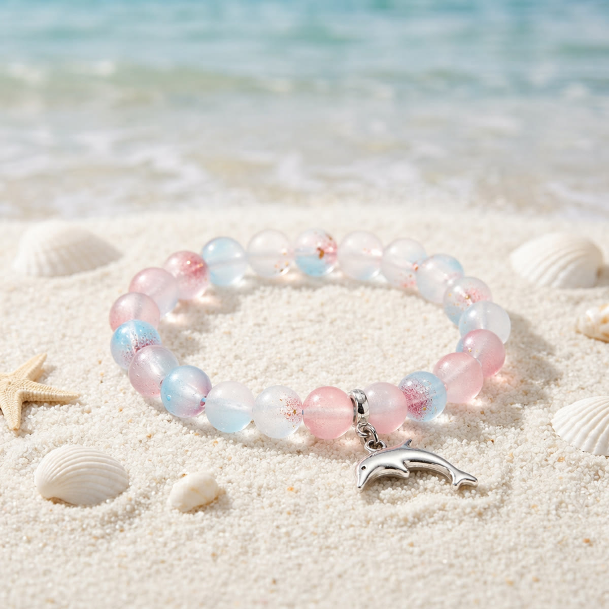 Protect Dolphins & Marine Life Rescue Bracelet – Recycled 8mm Frosted Gold-Speckled Glass Beads - Red Blue - Approx. 6.93"/17.6cm - image 14