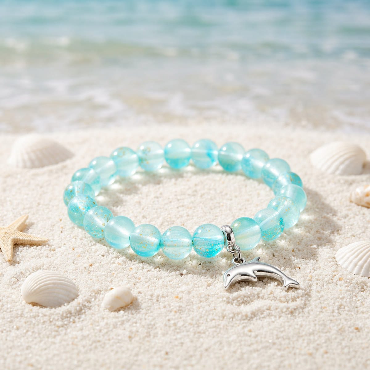 Protect Dolphins & Marine Life Rescue Bracelet – Recycled 8mm Frosted Gold-Speckled Glass Beads - Blue - Approx. 6.93"/17.6cm - image 12