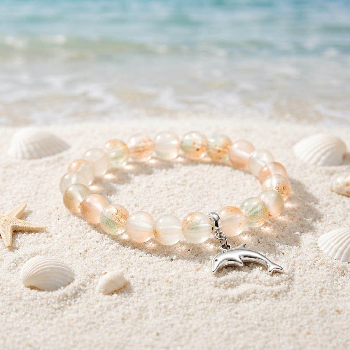 Protect Dolphins & Marine Life Rescue Bracelet – Recycled 8mm Frosted Gold-Speckled Glass Beads - Orange Blue - Approx. 6.93"/17.6cm - image 10