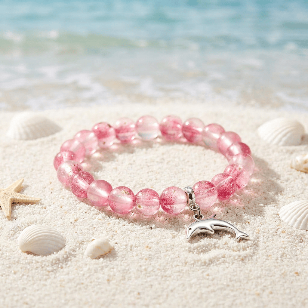 Protect Dolphins & Marine Life Rescue Bracelet – Recycled 8mm Frosted Gold-Speckled Glass Beads - Red - Approx. 6.93"/17.6cm - image 2