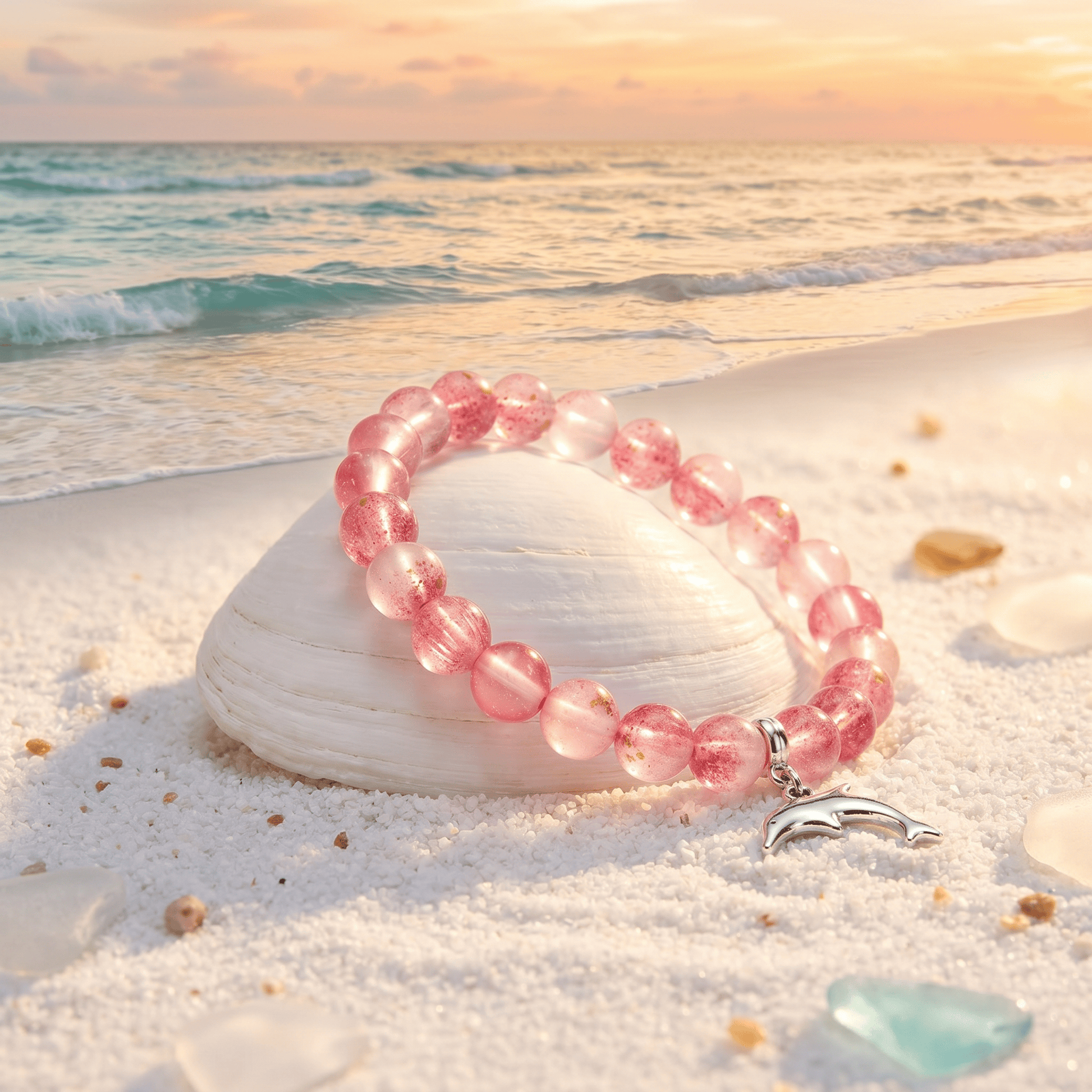 Protect Dolphins & Marine Life Rescue Bracelet – Recycled 8mm Frosted Gold-Speckled Glass Beads - image 5