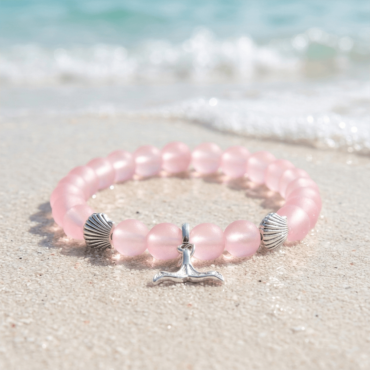 Shell & Whale Tail Save Sea Animals Bracelet – Recycled 8mm Frosted Glass Beads Supporting Ocean Cleanup  - Pink - Approx. 6.93"/17.6cm - image 9