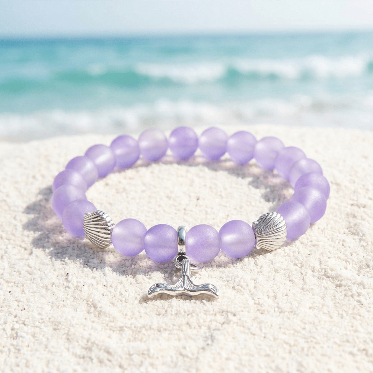 Shell & Whale Tail Save Sea Animals Bracelet – Recycled 8mm Frosted Glass Beads Supporting Ocean Cleanup  - Purple - Approx. 6.93"/17.6cm - image 2