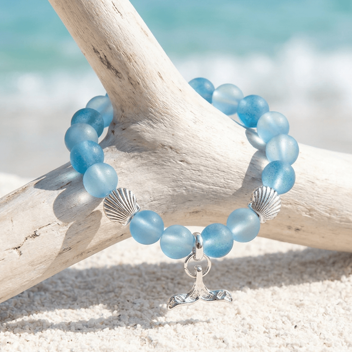 Shell & Whale Tail Save Sea Animals Bracelet – Recycled 8mm Frosted Glass Beads Supporting Ocean Cleanup  - Blue - Approx. 6.93"/17.6cm - image 6