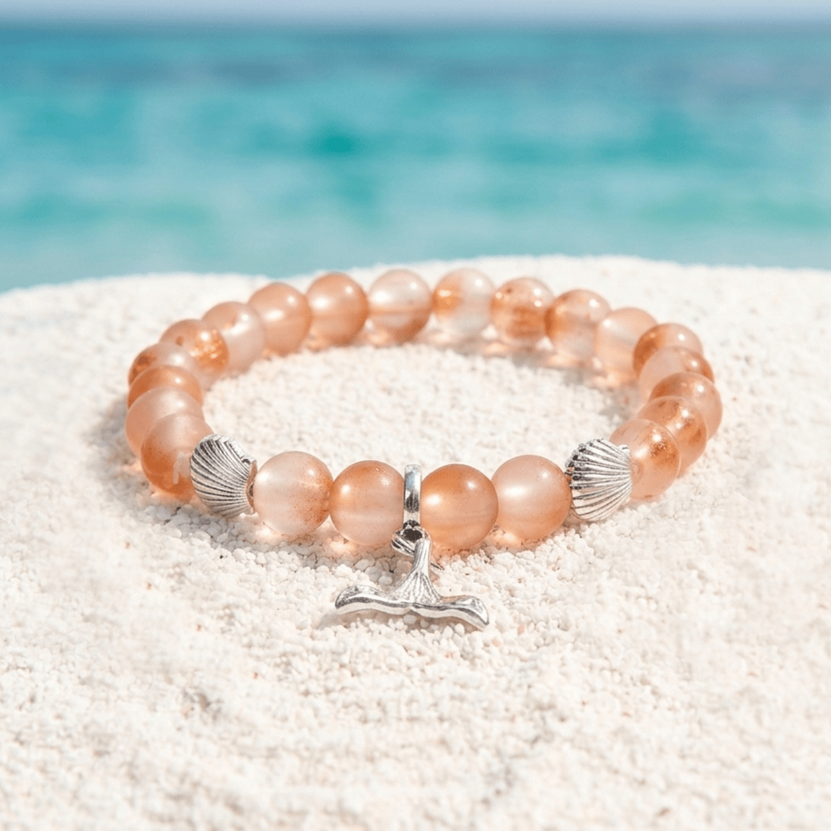 Whale Tail Guardian Bracelet – Recycled 8mm Frosted Gold-Speckled Glass Beads to Save Marine Life - Orange - Approx. 6.93"/17.6cm - image 2
