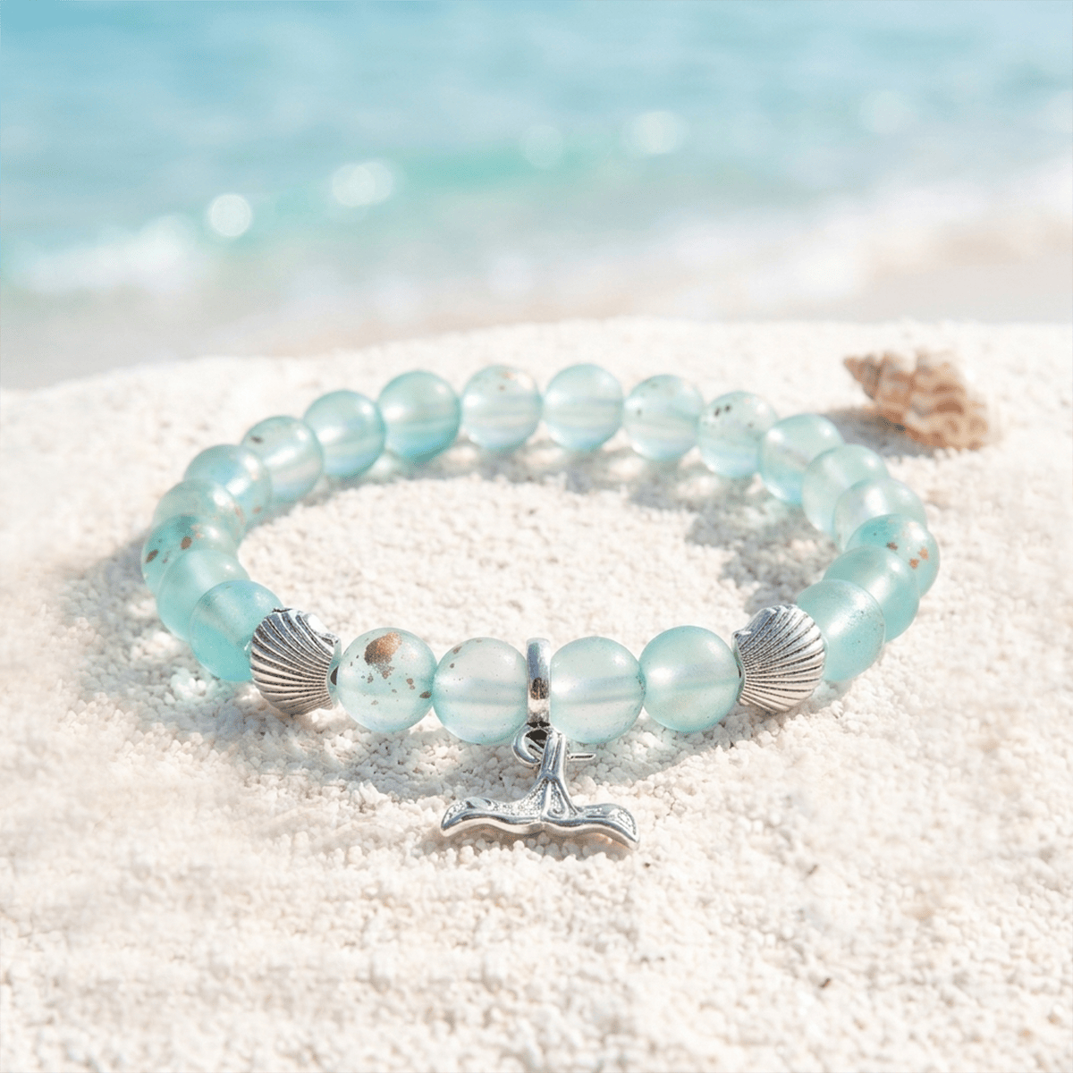 Whale Tail Guardian Bracelet – Recycled 8mm Frosted Gold-Speckled Glass Beads to Save Marine Life - Blue - Approx. 6.93"/17.6cm - image 12