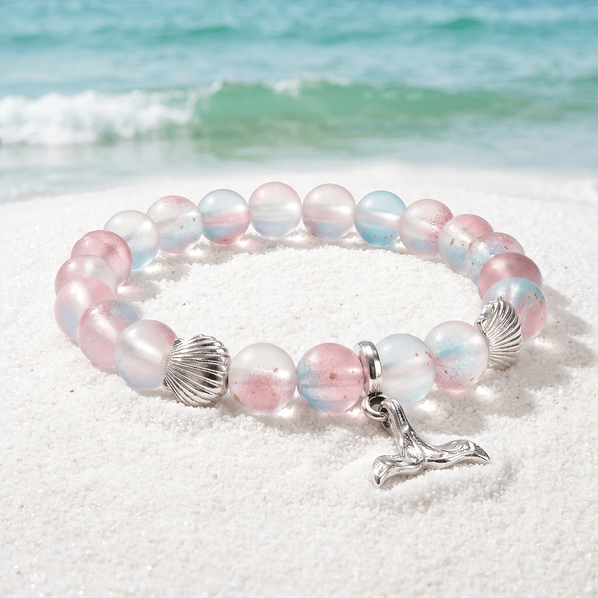 Whale Tail Guardian Bracelet – Recycled 8mm Frosted Gold-Speckled Glass Beads to Save Marine Life - Red Blue - Approx. 6.93"/17.6cm - image 10
