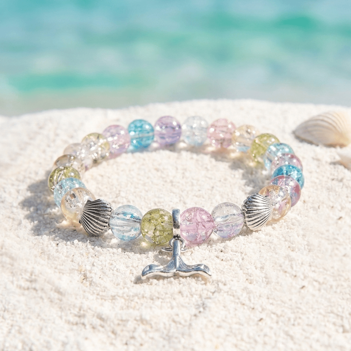 Save The Whales Recycled Glass Beads Bracelet – Whale Tail Charm With 8mm Glass Beads For Ocean Lovers - Rainbow - Approx. 6.93"/17.6cm - image 0