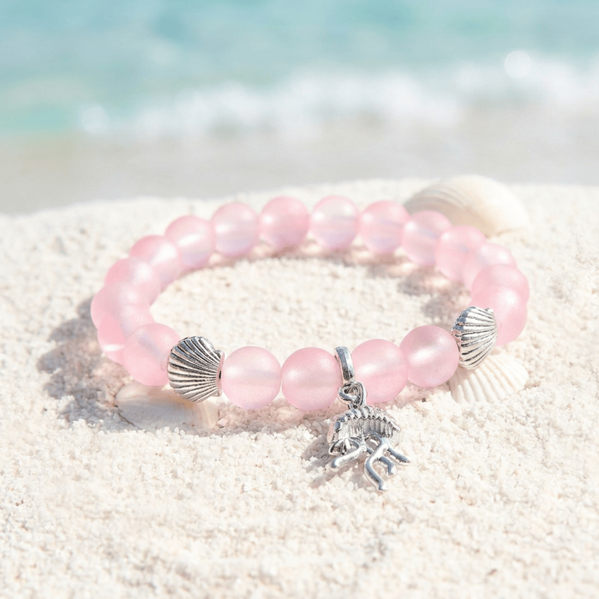 Save The Jellyfish Conservation Bracelet – Recycled 8mm Frosted Glass Beads From Ocean Waste - Pink - Approx. 6.93"/17.6cm - image 2