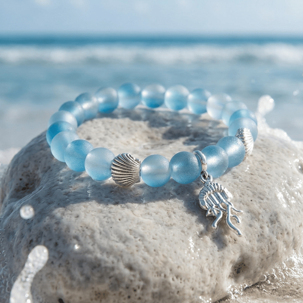 Save The Jellyfish Conservation Bracelet – Recycled 8mm Frosted Glass Beads From Ocean Waste - Blue - Approx. 6.93"/17.6cm - image 6