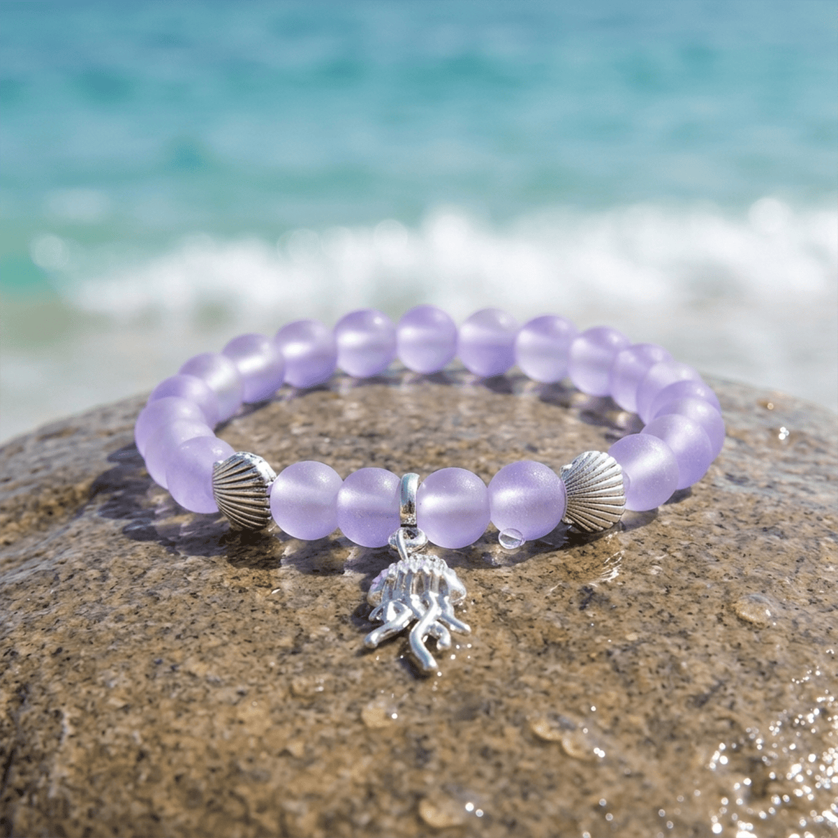 Save The Jellyfish Conservation Bracelet – Recycled 8mm Frosted Glass Beads From Ocean Waste - Purple - Approx. 6.93"/17.6cm - image 10