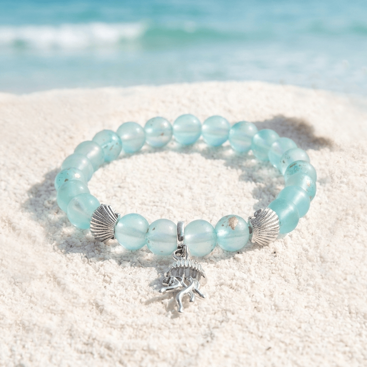 Ocean Cleanup Protect Marine Life Jellyfish Bracelet – Recycled 8mm Frosted Gold-Speckled Glass Beads - Blue - Approx. 6.93"/17.6cm - image 2