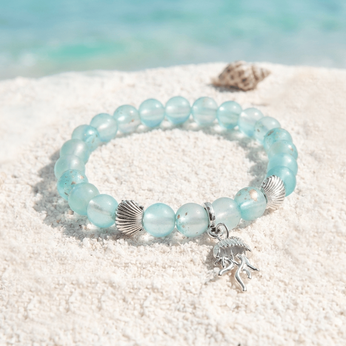 Ocean Cleanup Protect Marine Life Jellyfish Bracelet – Recycled 8mm Frosted Gold-Speckled Glass Beads - image 6