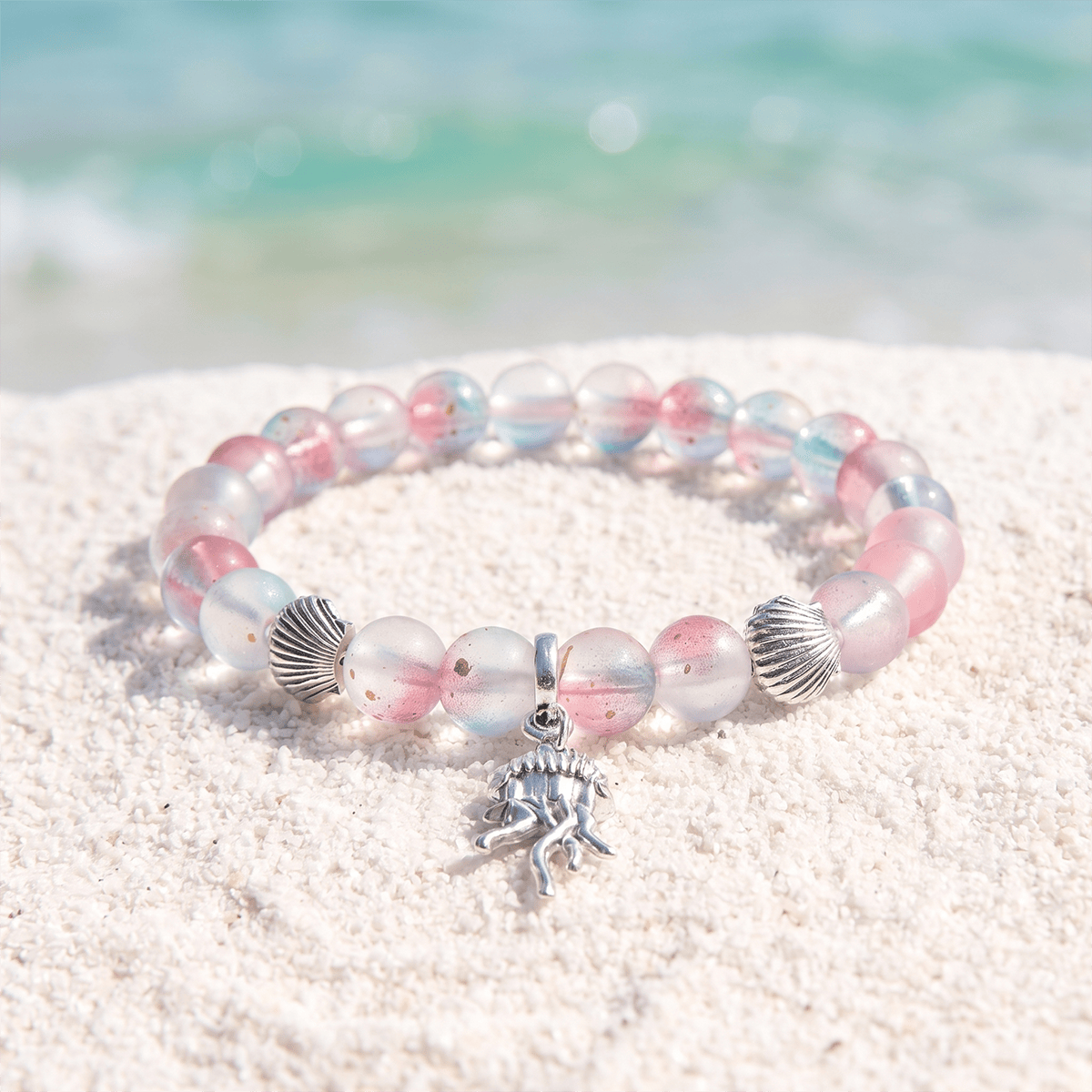Ocean Cleanup Protect Marine Life Jellyfish Bracelet – Recycled 8mm Frosted Gold-Speckled Glass Beads - Red Blue - Approx. 6.93"/17.6cm - image 14