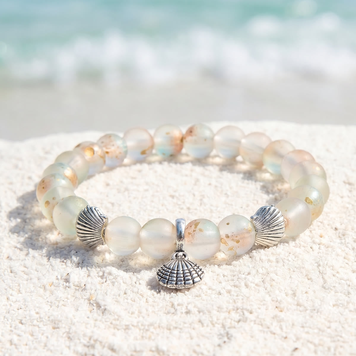 Seashell Charm Bracelet For Marine Conservation- Recycled 8mm Frosted Gold-speckled Glass Beads - image 6