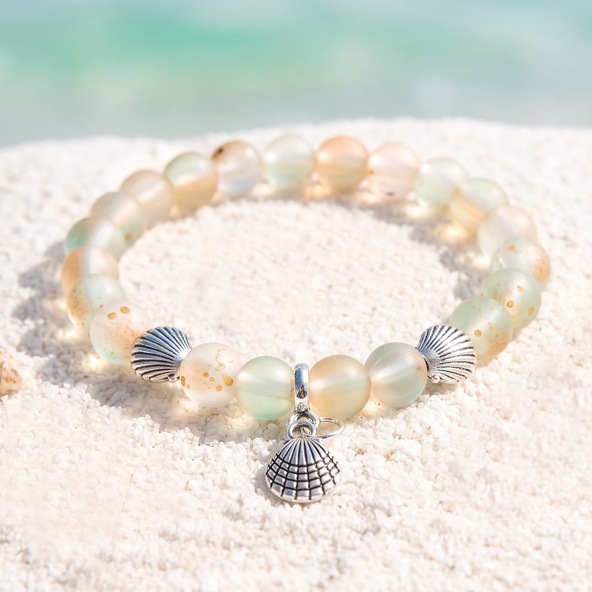 Seashell Charm Bracelet For Marine Conservation- Recycled 8mm Frosted Gold-speckled Glass Beads - Orange Blue - Approx. 6.93"/17.6cm - image 2