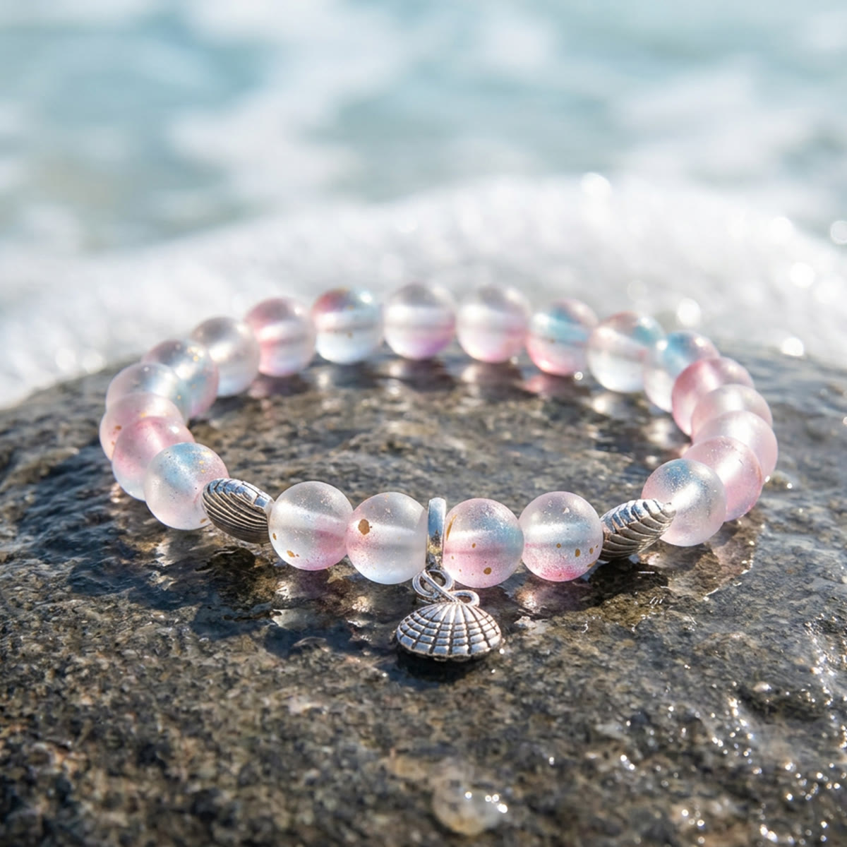 Seashell Charm Bracelet For Marine Conservation- Recycled 8mm Frosted Gold-speckled Glass Beads - image 17