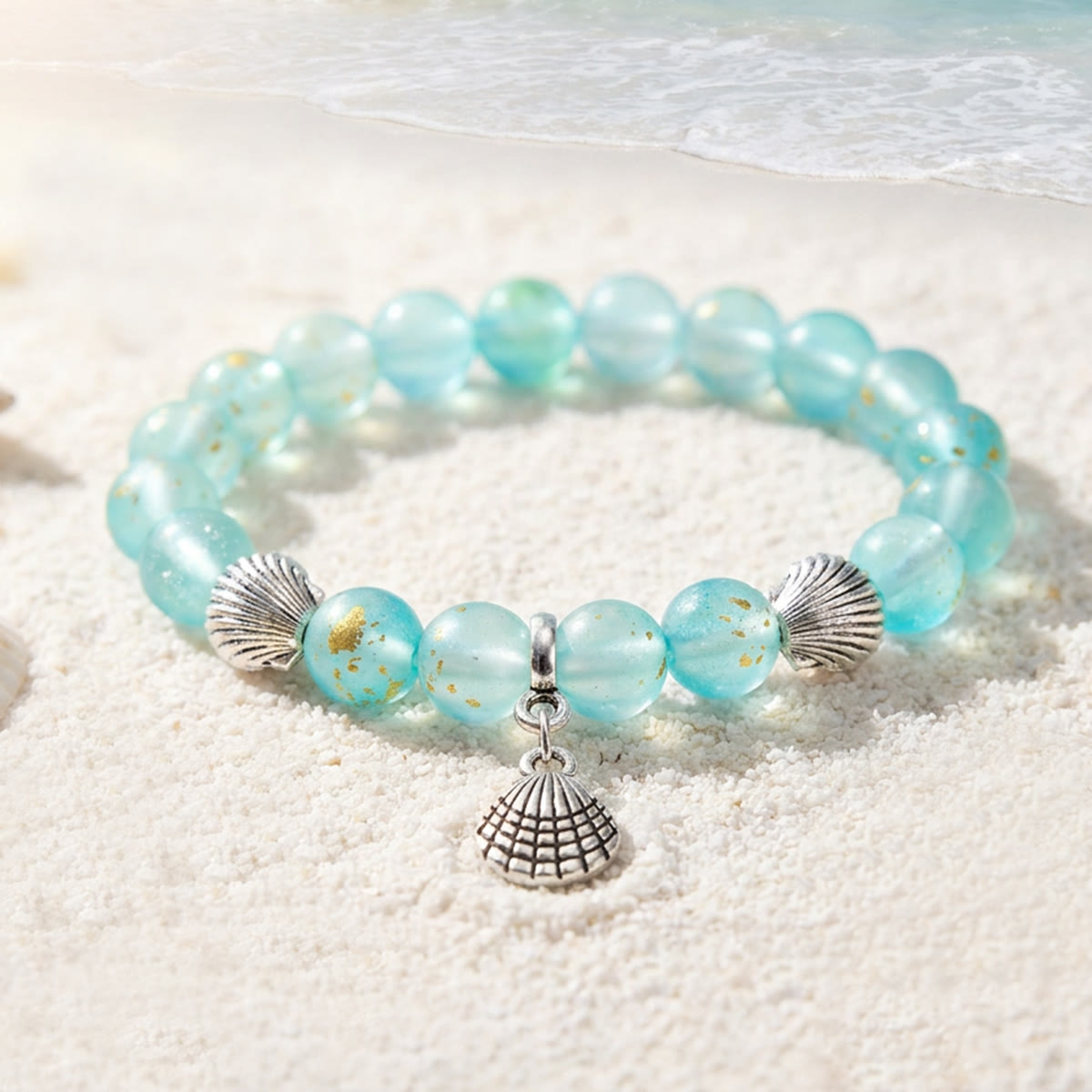 Seashell Charm Bracelet For Marine Conservation- Recycled 8mm Frosted Gold-speckled Glass Beads - Blue - Approx. 6.93"/17.6cm - image 12