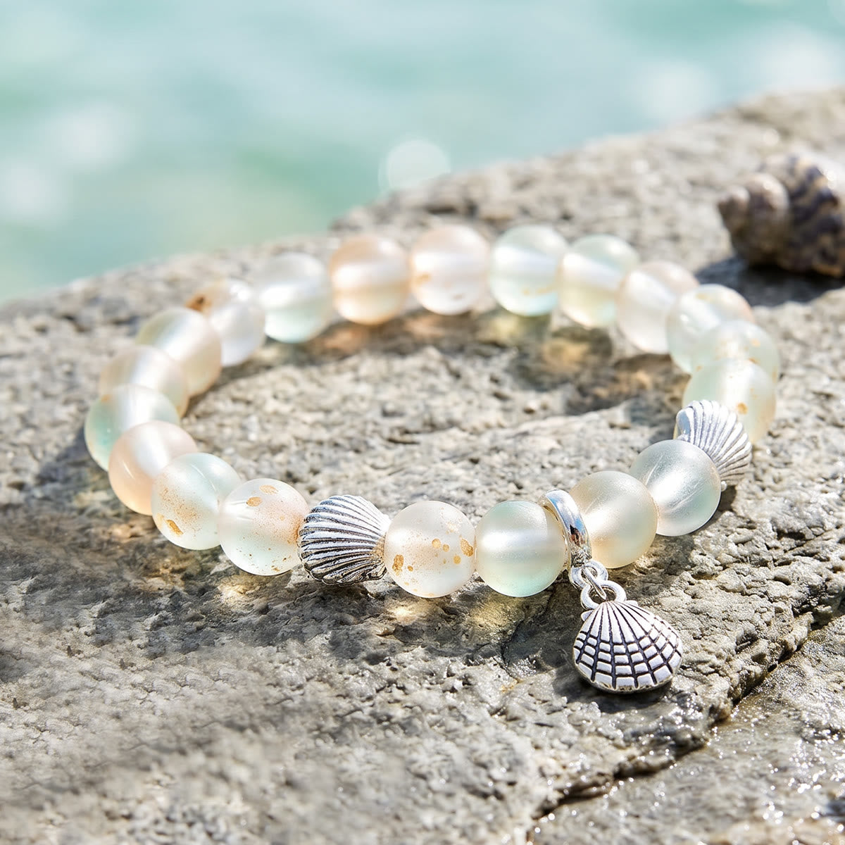Seashell Charm Bracelet For Marine Conservation- Recycled 8mm Frosted Gold-speckled Glass Beads - image 5