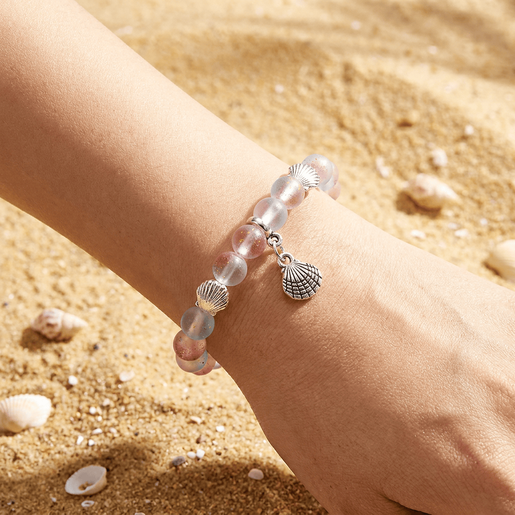 Seashell Charm Bracelet For Marine Conservation - Recycled 8mm Frosted Gold-speckled Glass Beads - image 1