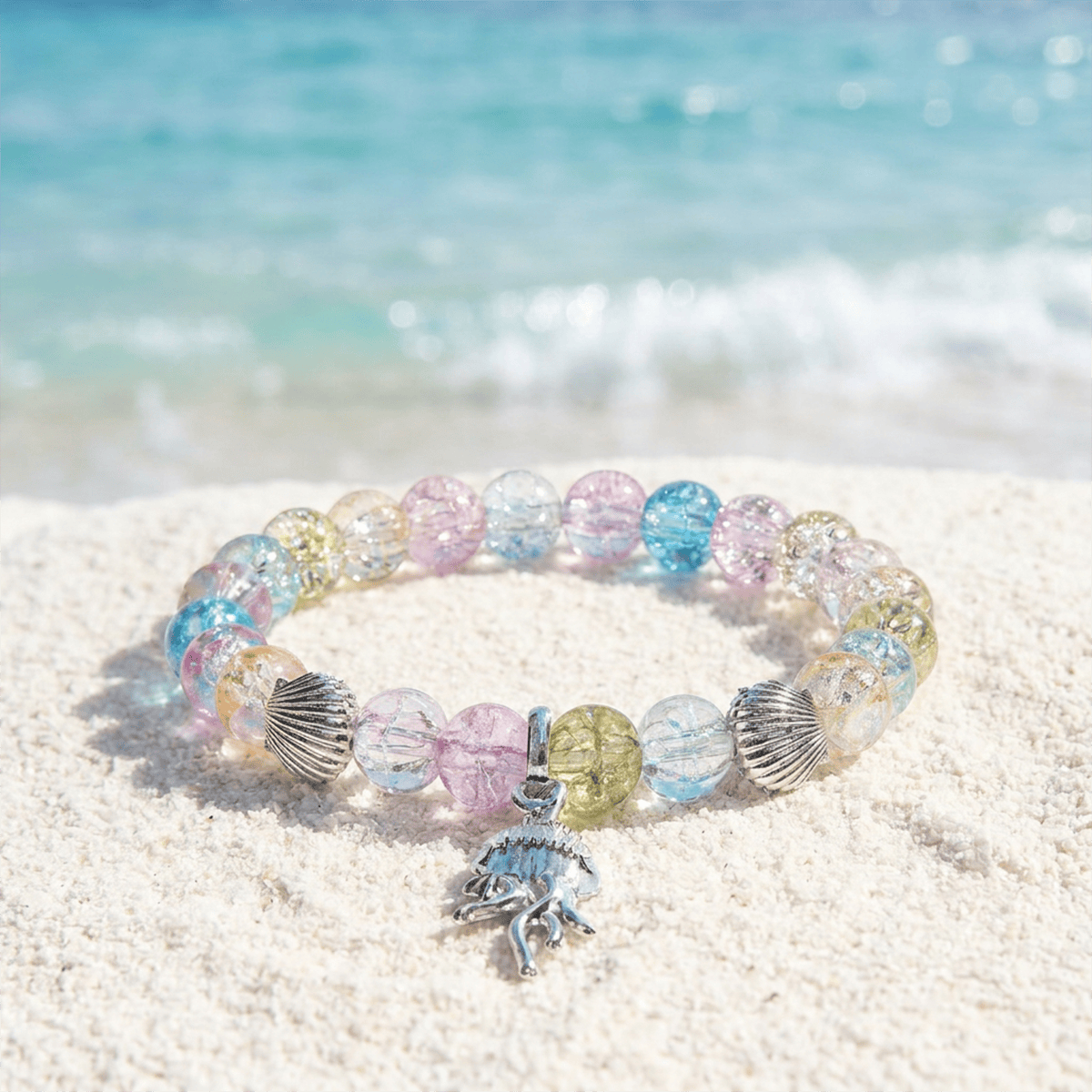 Rainbow Guardians of The Jellyfish Bracelet – Recycled 8mm Glass Beads To Save The Ocean - Rainbow - Approx. 6.93"/17.6cm - image 2