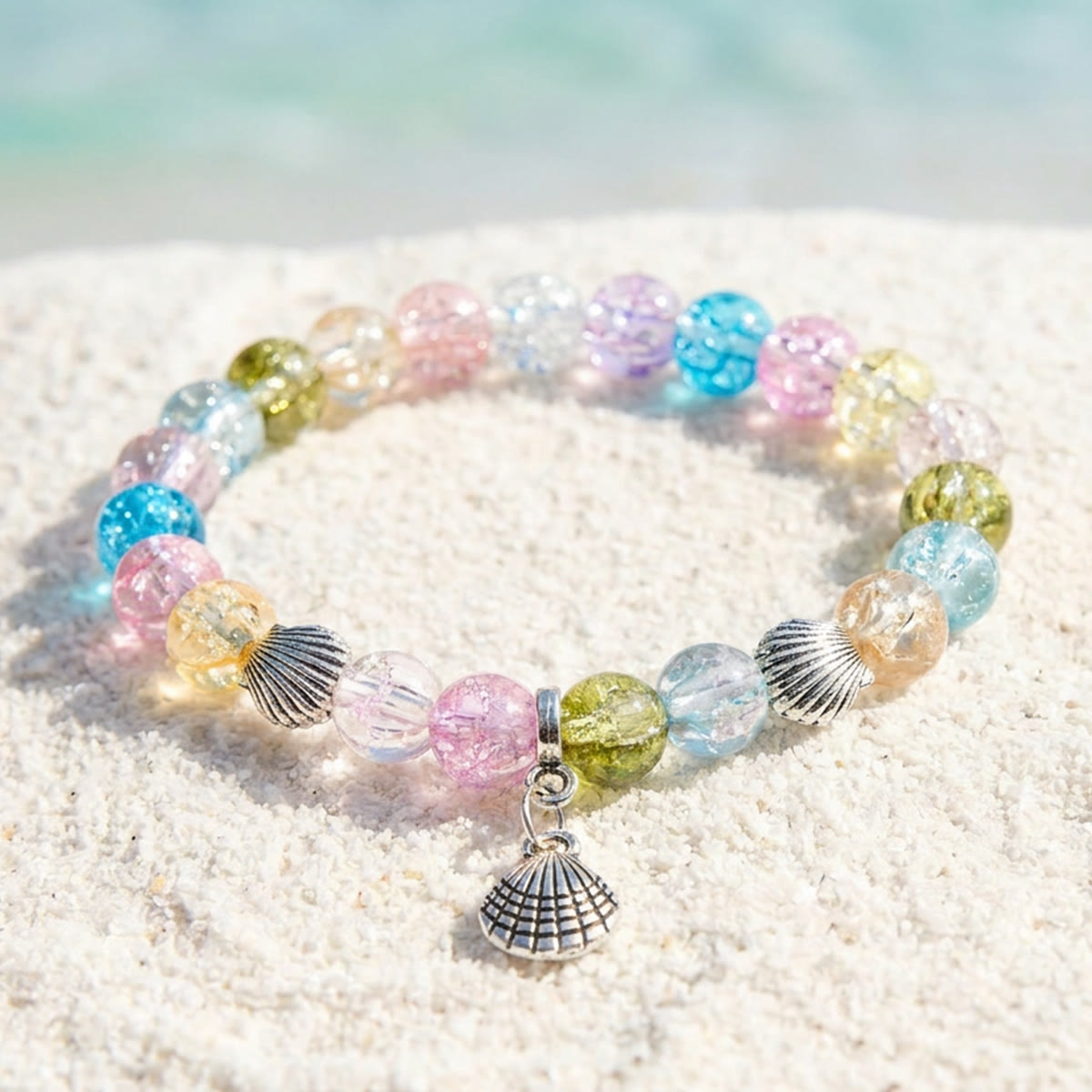 Rainbow Seashell Bracelet - Recycled 8mm Glass Beads | Ocean Cleanup Bracelet for Marine Conservation - Rainbow - Approx. 6.93"/17.6cm - image 2