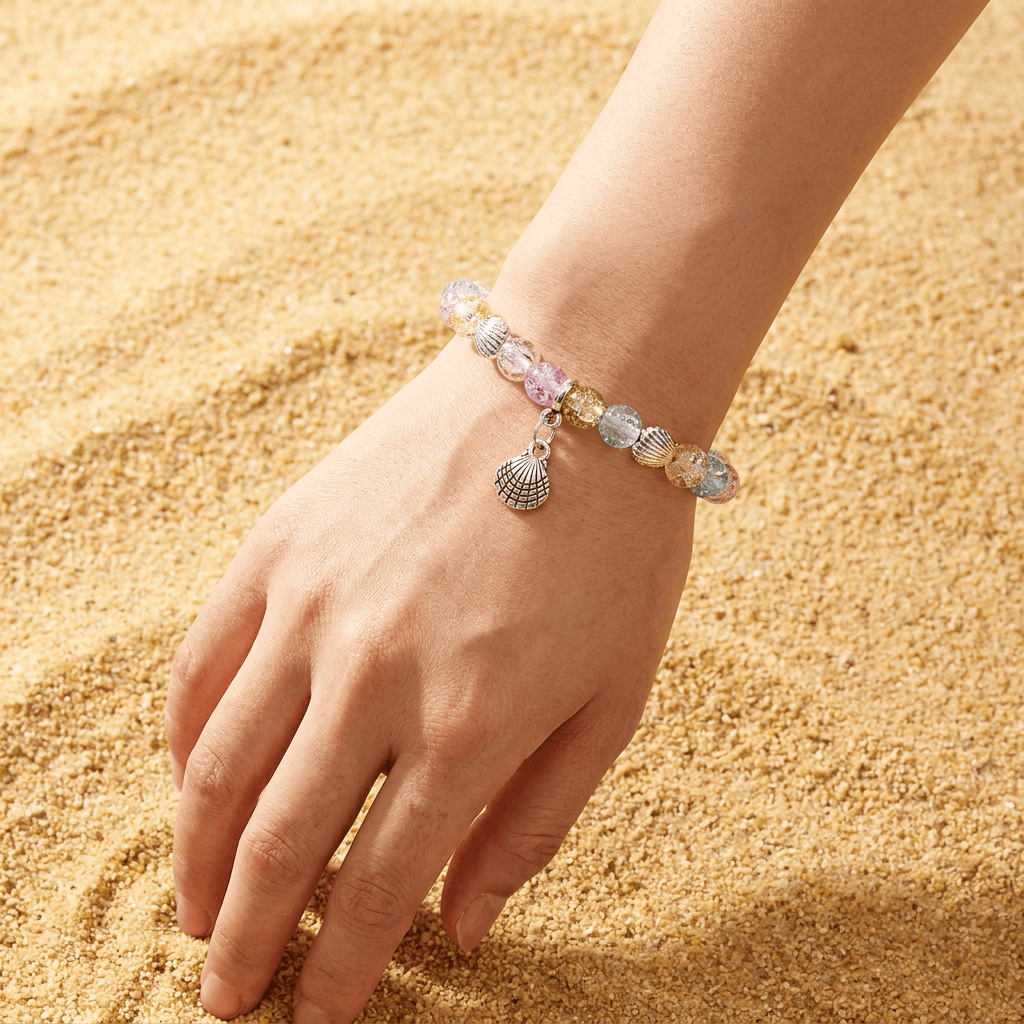 Rainbow Seashell Bracelet - Recycled 8mm Glass Beads | Ocean Cleanup Bracelet for Marine Conservation - image 1