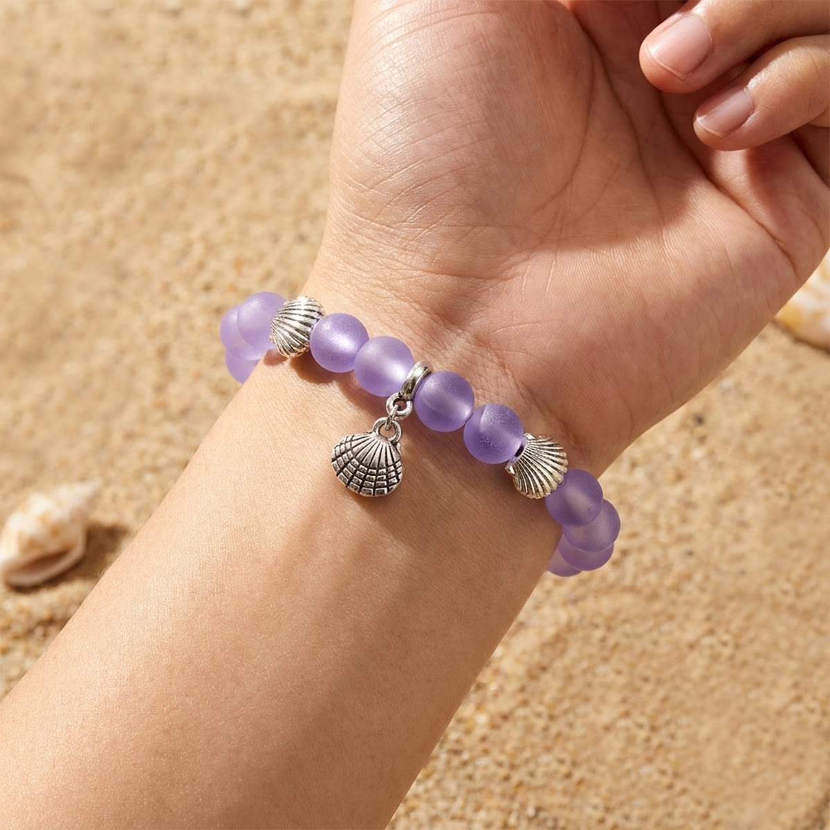 Marine Animal Protection Seashell Charm Bracelet – Recycled 8mm Glass Beads Made From Ocean Waste - image 1