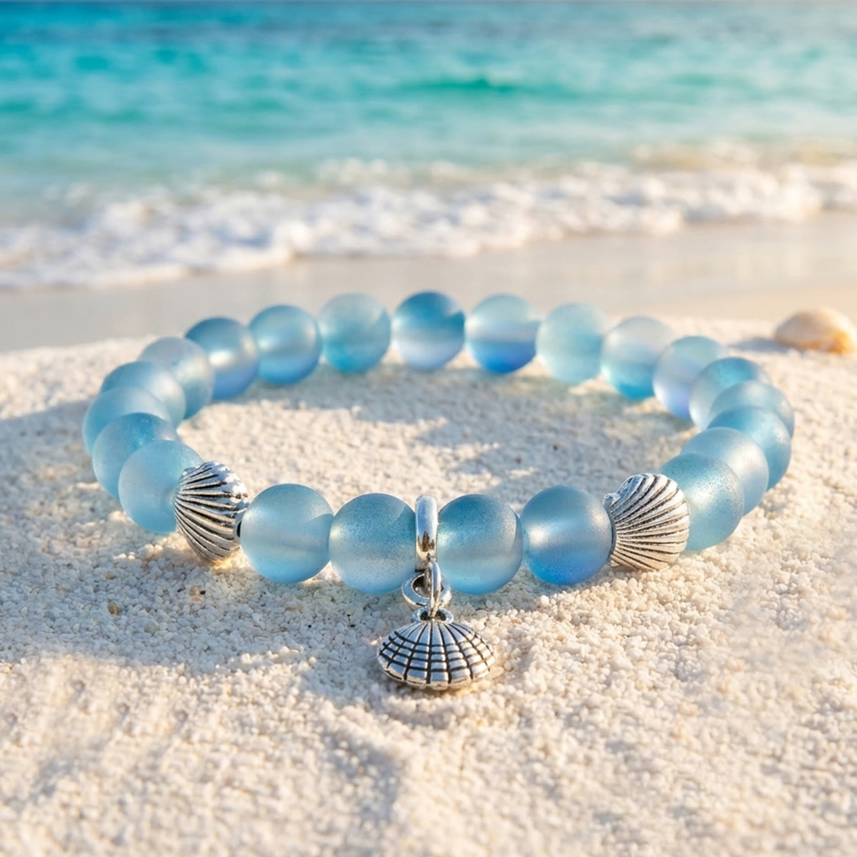 Marine Animal Protection Seashell Charm Bracelet – Recycled 8mm Glass Beads Made From Ocean Waste - image 5