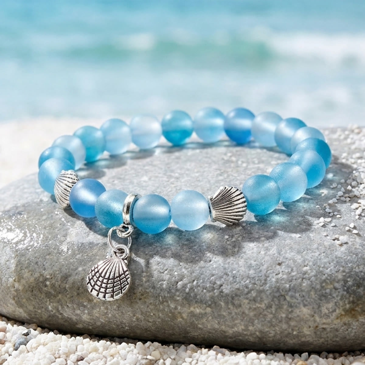 Marine Animal Protection Seashell Charm Bracelet – Recycled 8mm Glass Beads Made From Ocean Waste - Blue - Approx. 6.93"/17.6cm - image 1