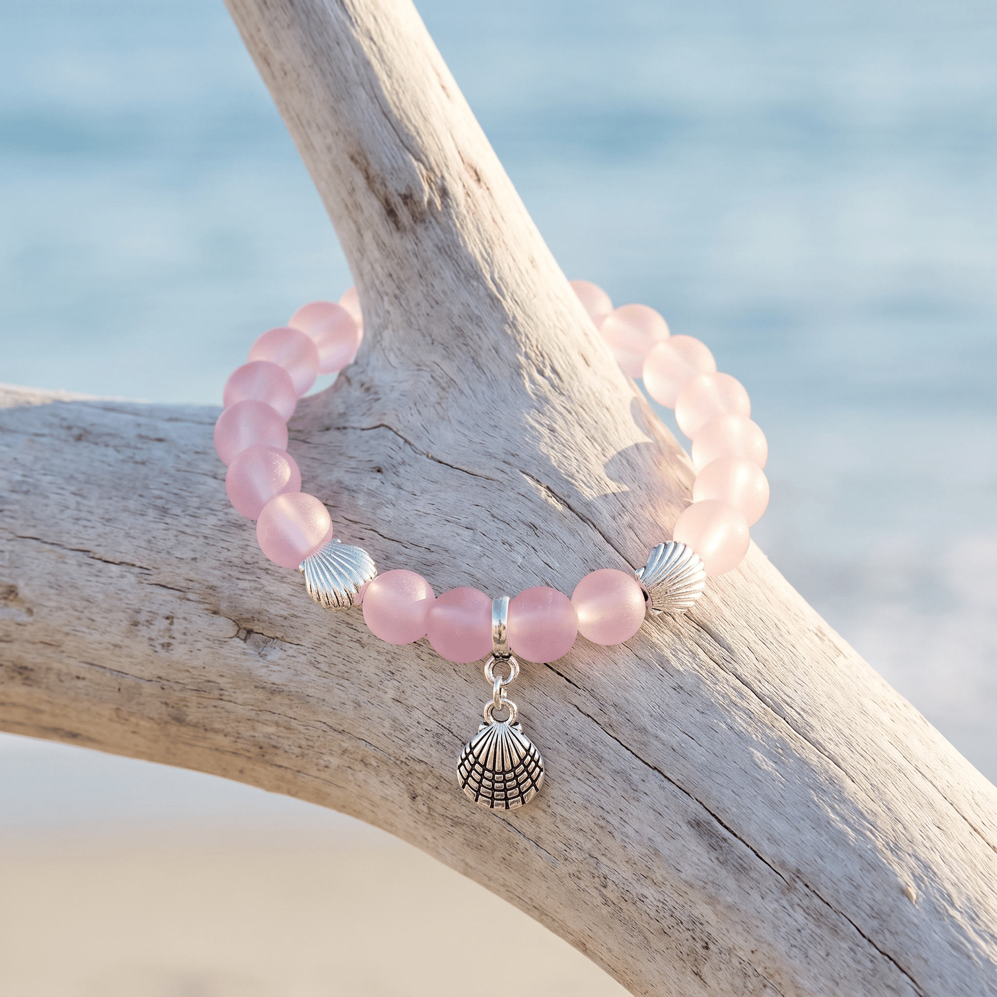 Marine Animal Protection Seashell Charm Bracelet – Recycled 8mm Glass Beads Made From Ocean Waste - Pink - Approx. 6.93"/17.6cm - image 10