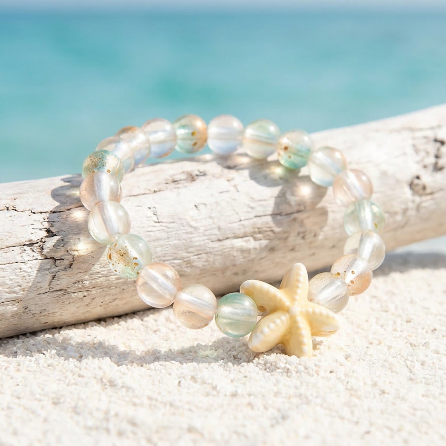 Support Clean Ocean Project Starfish Bracelet - Recycled 8mm Frosted Gold-Speckled Glass Beads - image 5