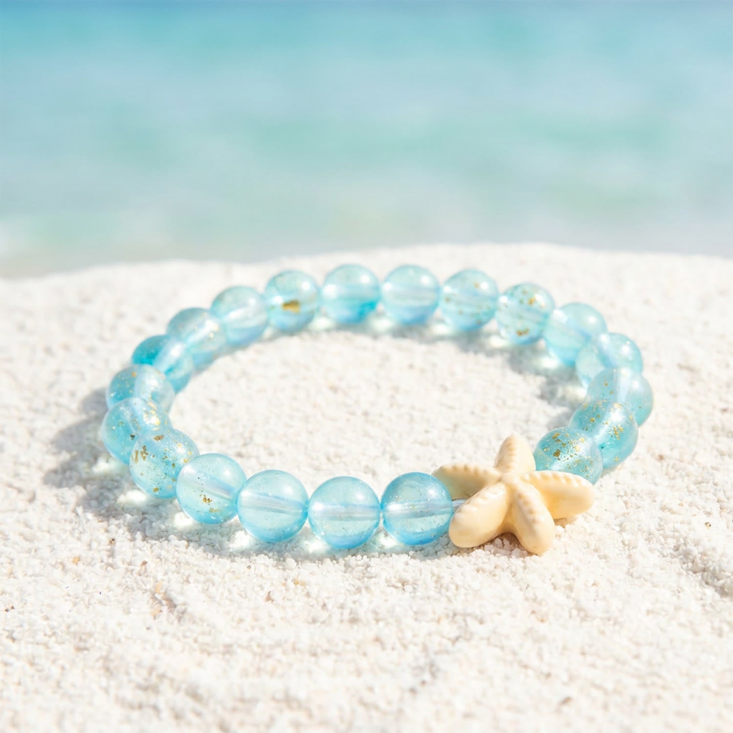Support Clean Ocean Project Starfish Bracelet - Recycled 8mm Frosted Gold-Speckled Glass Beads - Blue - Approx. 6.93"/17.6cm - image 12
