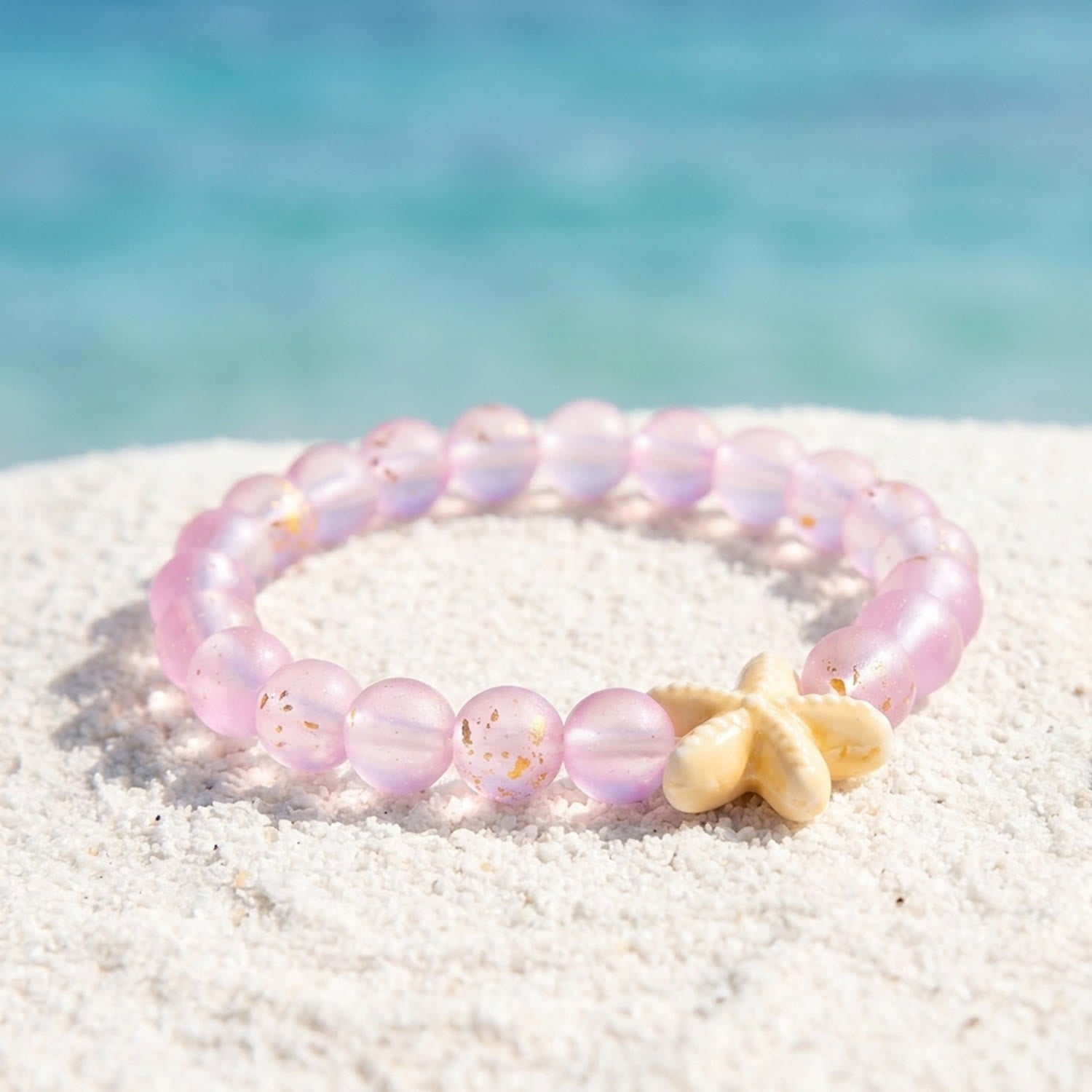Support Clean Ocean Project Starfish Bracelet - Recycled 8mm Frosted Gold-Speckled Glass Beads - Light Purple - Approx. 6.93"/17.6cm - image 14