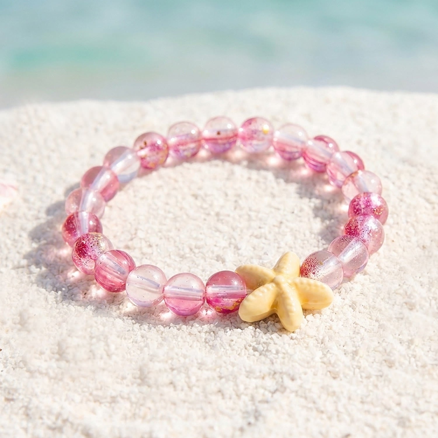 Support Clean Ocean Project Starfish Bracelet - Recycled 8mm Frosted Gold-Speckled Glass Beads - Red - Approx. 6.93"/17.6cm - image 8
