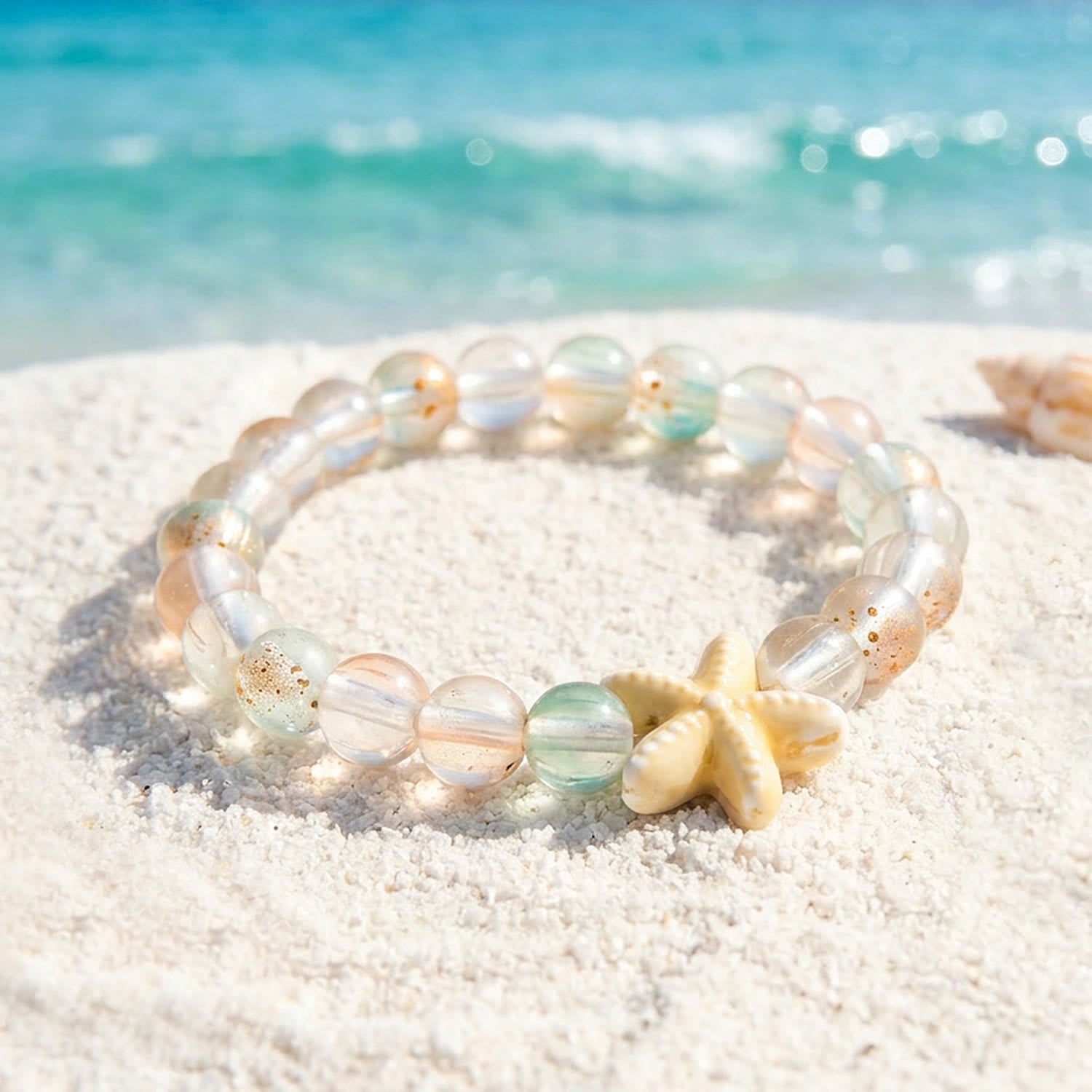 Support Clean Ocean Project Starfish Bracelet - Recycled 8mm Frosted Gold-Speckled Glass Beads - Orange Blue - Approx. 6.93"/17.6cm - image 2