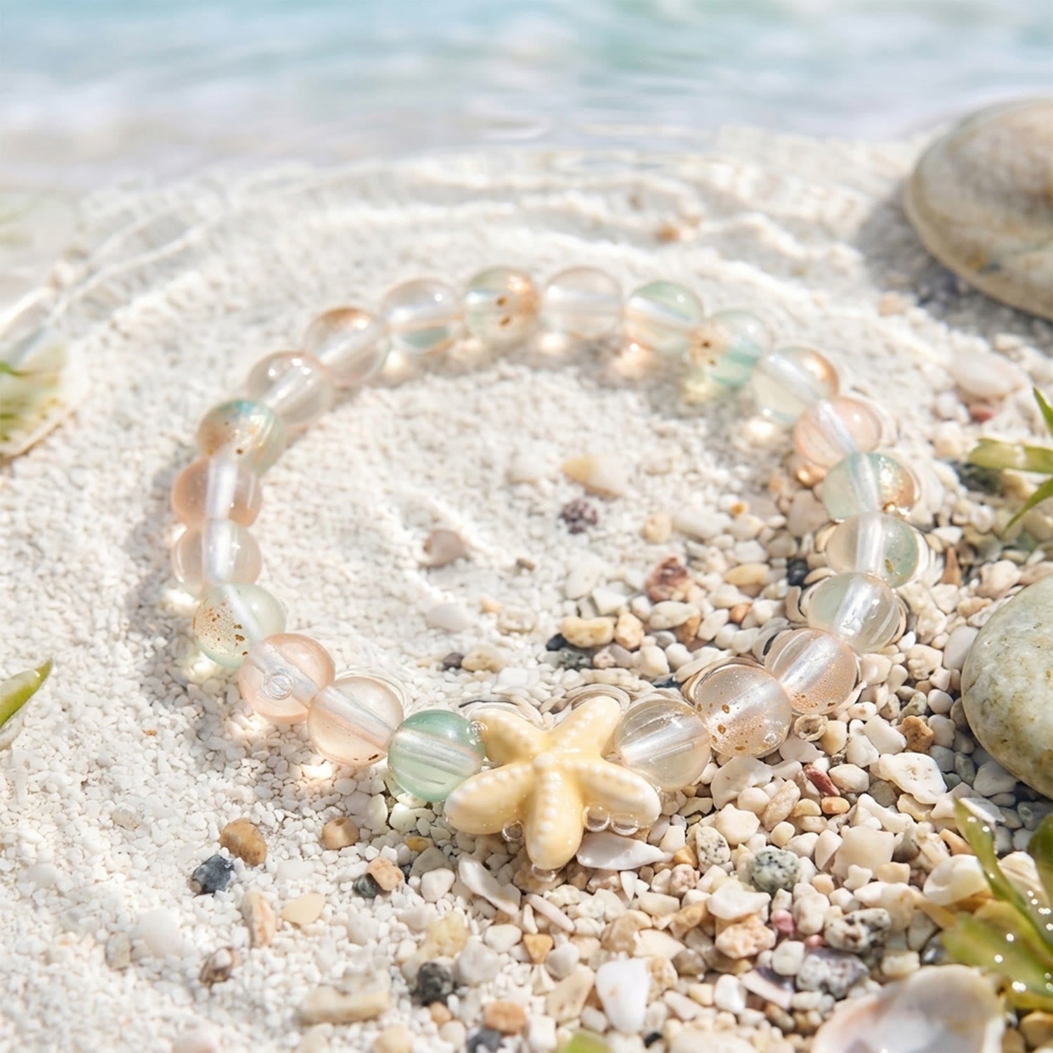 Support Clean Ocean Project Starfish Bracelet - Recycled 8mm Frosted Gold-Speckled Glass Beads - image 6
