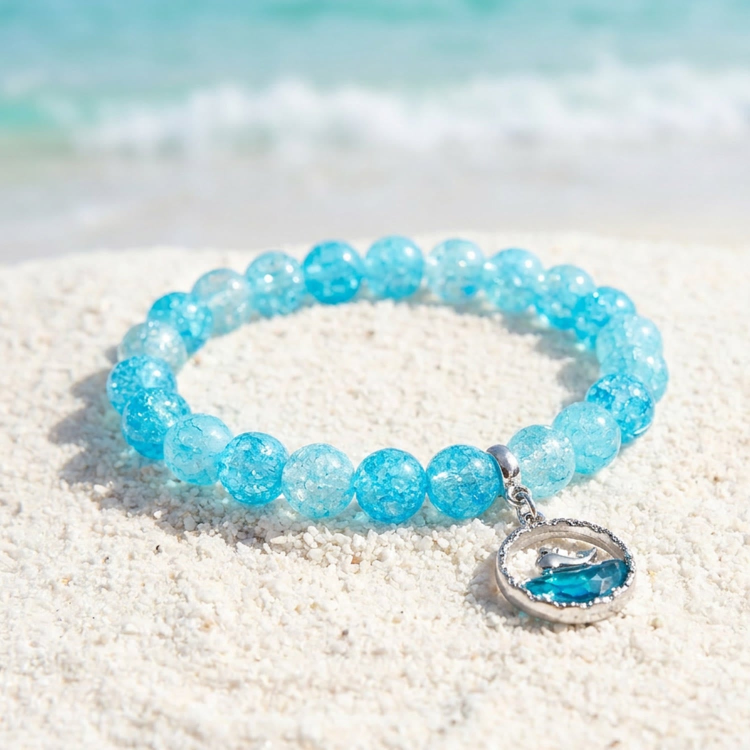 Save The Whales Conservation Bracelet - Blue Crackle Recycled 8mm Frosted Gold-Speckled Glass Beads - image 6