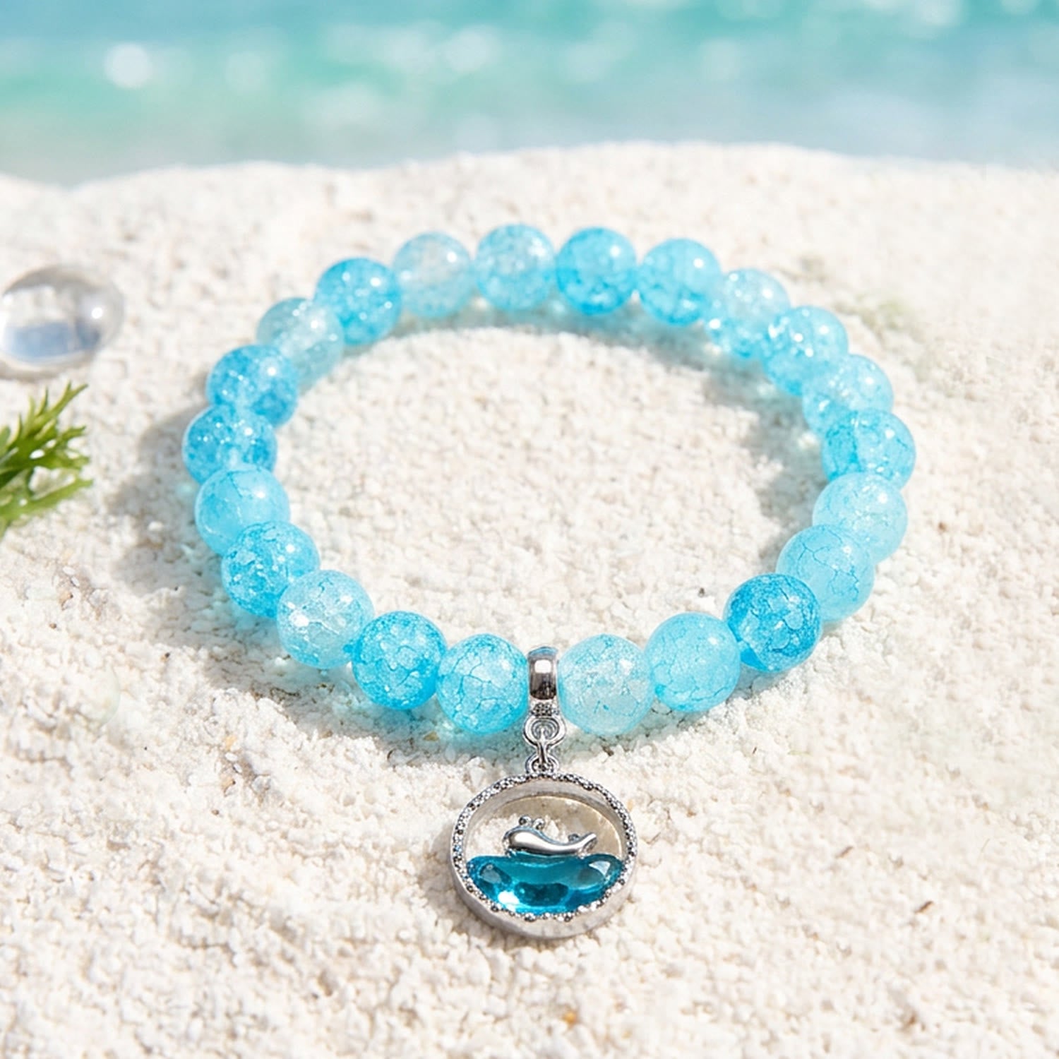 Save The Whales Conservation Bracelet - Blue Crackle Recycled 8mm Frosted Gold-Speckled Glass Beads - Blue - Approx. 6.93"/17.6cm - image 2