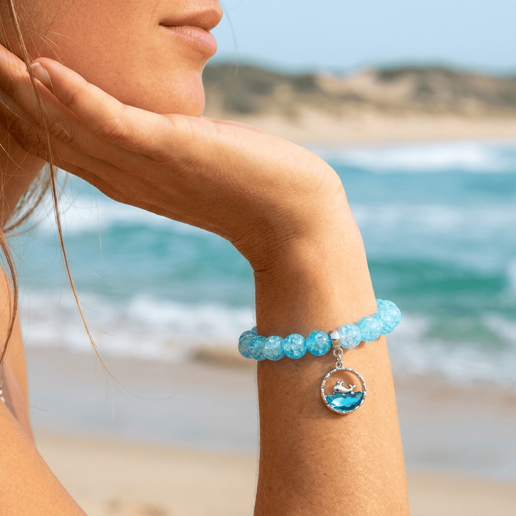Save The Whales Conservation Bracelet - Blue Crackle Recycled 8mm Frosted Gold-Speckled Glass Beads - image 1