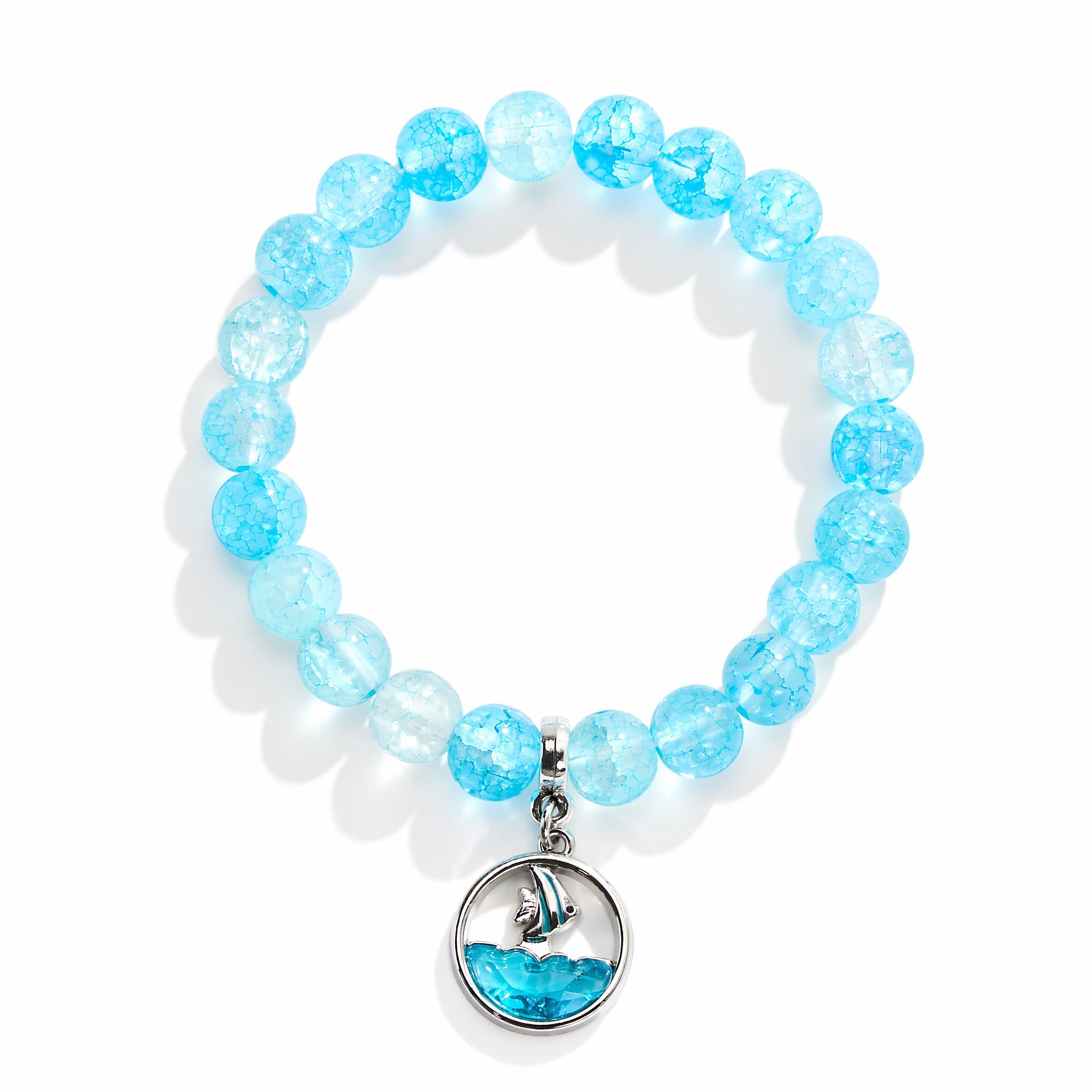 Tropical Fish Charm Bracelet - Blue Crackle Recycled 8mm Glass Beads  | Save Marine Life - image 0